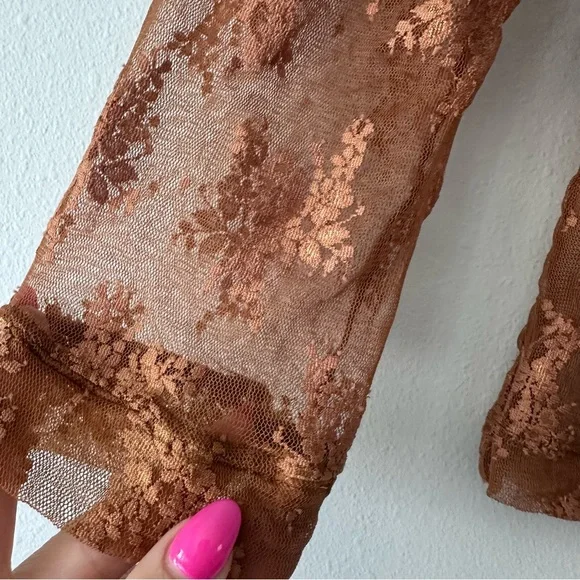 Free People Free People Lost In Lace Cardi Bright Cider Lace Button-Up Blouse L - Picture 6 of 7